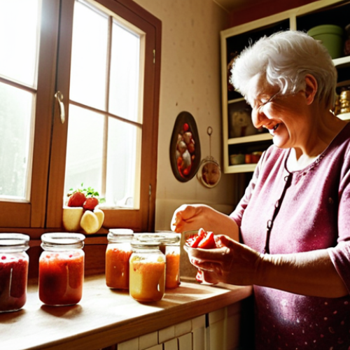 Home 4 **
A cozy Polish kitchen scene. Grandma smiles, handing a jar of homemade, pasteurized strawberry jam to a grandchild. Jars of colorful przetwory (preserved fruits and vegetables) line the shelves behind them. Sunlight streams through the window, illuminating dust motes dancing in the air. Focus on the warmth, love, and tradition of Polish food preservation.
**