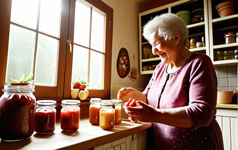 **

A cozy Polish kitchen scene. Grandma smiles, handing a jar of homemade, pasteurized strawberry jam to a grandchild. Jars of colorful przetwory (preserved fruits and vegetables) line the shelves behind them. Sunlight streams through the window, illuminating dust motes dancing in the air. Focus on the warmth, love, and tradition of Polish food preservation.

**
