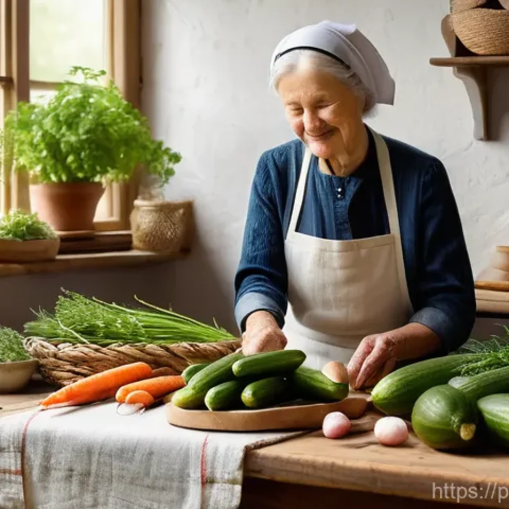 음식 보존을 위한 지속 가능한 솔루션 - A cozy, sunlit Polish kitchen scene, evoking a sense of traditional wisdom and warmth. A grandmother...