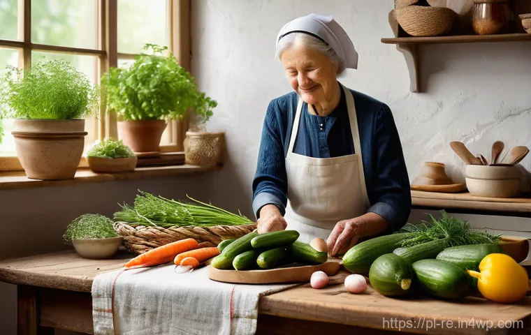 음식 보존을 위한 지속 가능한 솔루션 - A cozy, sunlit Polish kitchen scene, evoking a sense of traditional wisdom and warmth. A grandmother...