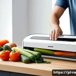 Home 22 음식 보존을 위한 최신 기기 리뷰 - A modern Polish kitchen scene featuring a vacuum food sealer in use: a person placing fresh vegetabl...