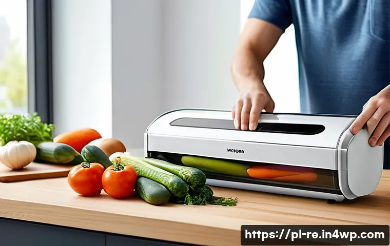 음식 보존을 위한 최신 기기 리뷰 - A modern Polish kitchen scene featuring a vacuum food sealer in use: a person placing fresh vegetabl...