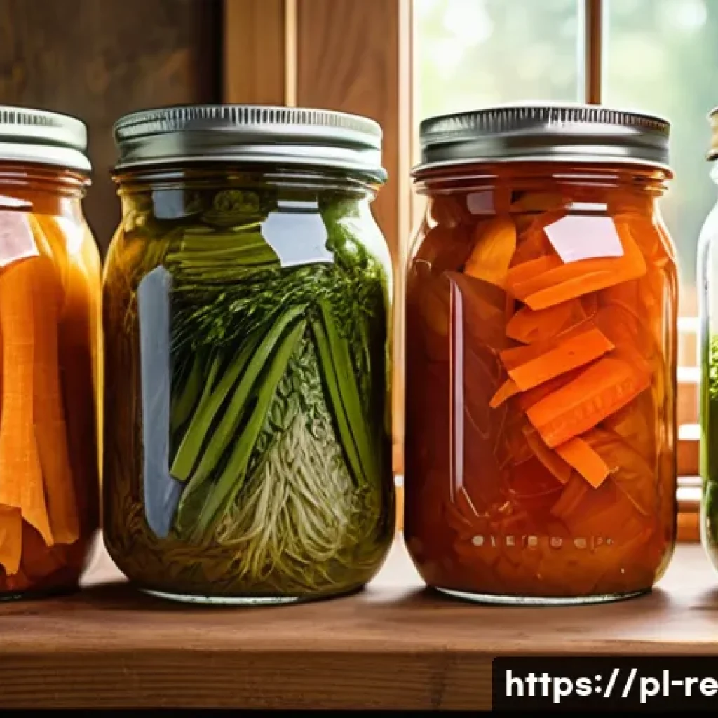 유산균을 이용한 음식 보존 기법 - A rustic kitchen scene featuring traditional Polish fermented foods like sauerkraut, dill pickles, a...