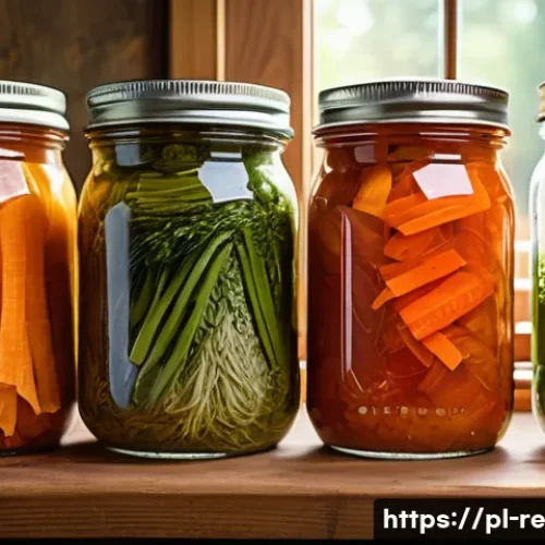 Home 33 유산균을 이용한 음식 보존 기법 - A rustic kitchen scene featuring traditional Polish fermented foods like sauerkraut, dill pickles, a...