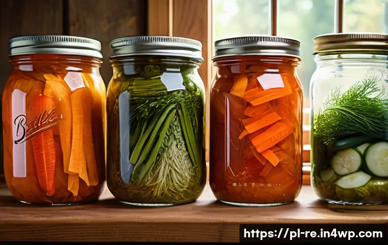 유산균을 이용한 음식 보존 기법 - A rustic kitchen scene featuring traditional Polish fermented foods like sauerkraut, dill pickles, a...