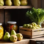 Home 20 음식 보존을 위한 생물학적 방법 - A rustic Polish kitchen scene featuring fresh vegetables and fruits stored in natural ways: leafy gr...