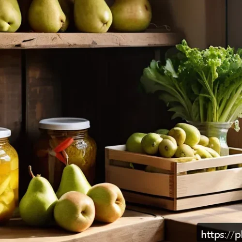 Home 32 음식 보존을 위한 생물학적 방법 - A rustic Polish kitchen scene featuring fresh vegetables and fruits stored in natural ways: leafy gr...