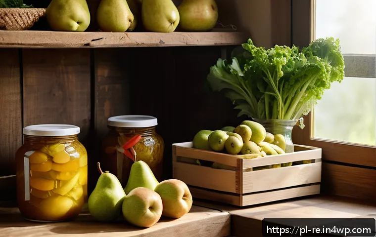 음식 보존을 위한 생물학적 방법 - A rustic Polish kitchen scene featuring fresh vegetables and fruits stored in natural ways: leafy gr...