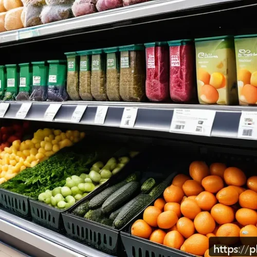 Home 31 식품 포장 기술의 발전 - A modern grocery store shelf displaying a variety of fresh fruits and vegetables packaged in biodegr...