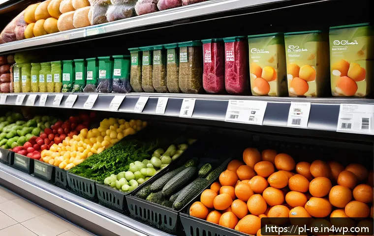 식품 포장 기술의 발전 - A modern grocery store shelf displaying a variety of fresh fruits and vegetables packaged in biodegr...