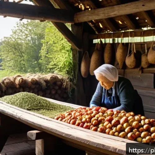 Home 30 식품 저장 기술의 역사 - A rustic Polish countryside scene inside a traditional wooden barn with hanging dried mushrooms, app...