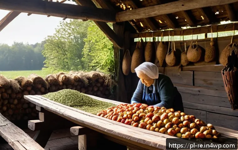 식품 저장 기술의 역사 - A rustic Polish countryside scene inside a traditional wooden barn with hanging dried mushrooms, app...
