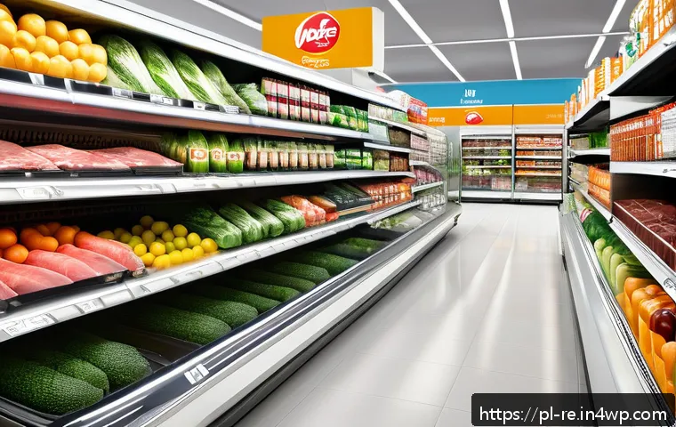 식품 보존을 위한 CO2 및 질소 사용 - A detailed, realistic illustration of a modern supermarket shelf in Poland showcasing various fresh ...