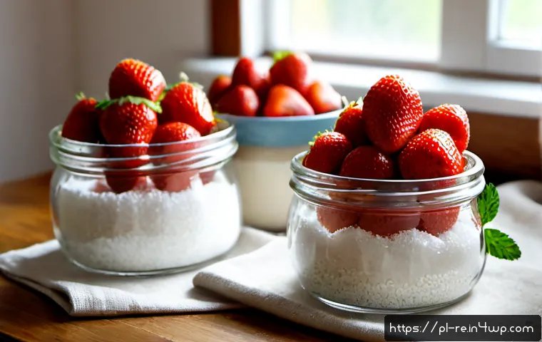 Home 17 설탕을 활용한 보존 방법 - Photorealistic Polish home kitchen, close-up of ripe red strawberries layered with white granulated ...